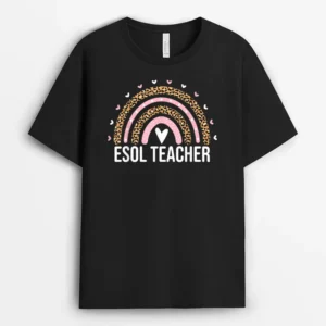 ESOL Teacher Squad Leopard Rainbow ESOL Teacher Women Cute T-Shirt - Black