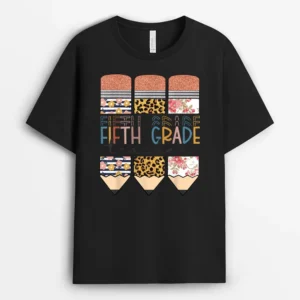 Fifth Grade Teacher Funny Leopard Pencil Back To School T-Shirt - Black