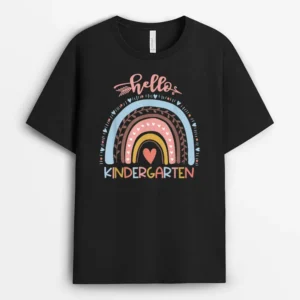 First Day Of School Hello Kindergarten Teacher Rainbow Kids T-Shirt - Black