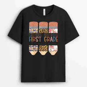 First Grade Teacher Funny Leopard Pencil Back To School T-Shirt - Black