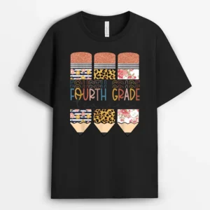 Fourth Grade Teacher Funny Leopard Pencil Back To School T-Shirt - Black