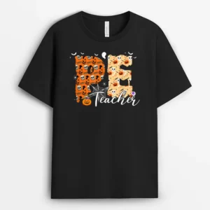 Funny PE Teacher Halloween Costume Pumpkin Fall Skeleton T-Shirt - Black