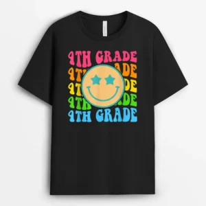 Groovy Fourth Grade Vibes Face Retro Teachers Back To School T-Shirt - Black