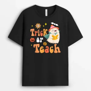 Groovy Halloween Trick Or Teach Retro Floral Ghost Teacher T-Shirt - Black