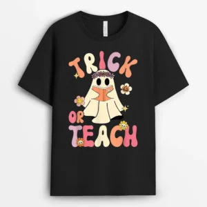 Groovy Halloween Trick Or Teach Retro Floral Ghost Teacher Ver 1 T-Shirt - Black