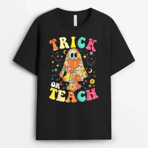 Groovy Halloween Trick Or Teach Retro Floral Ghost Teacher Ver 2 T-Shirt - Black