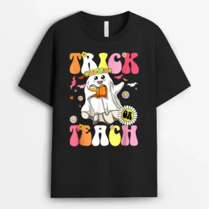 Groovy Halloween Trick Or Teach Retro Floral Ghost Teacher Ver 3 T-Shirt - Black