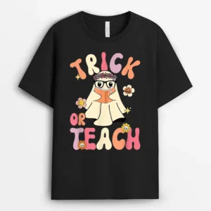 Groovy Halloween Trick Or Teach Retro Floral Ghost Teacher Ver 4 T-Shirt - Black