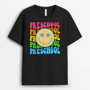 Groovy Preschool Vibes Face Retro Teachers Back To School T-Shirt - Black