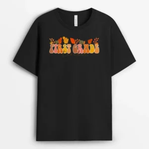 Groovy Retro First Grade Teacher Vintage Fall Leaves Autumn T-Shirt - Black