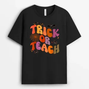 Halloween Retro Vintage Ghost Trick Or Teach Funny Teacher T-Shirt - Black