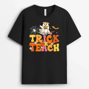 Halloween Retro Vintage Groovy Trick Or Teach Teacher Women T-Shirt - Black