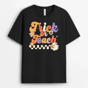 Halloween Trick Or Teach Retro Groovy Teacher Hippie Ghost Ver 1 T-Shirt - Black