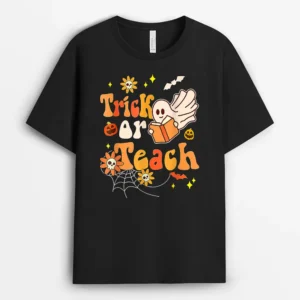 Halloween Trick Or Teach Retro Groovy Teacher Hippie Ghost Ver 2 T-Shirt - Black