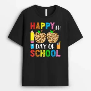 Happy 100th Day Of School Leopard Print Teacher Student T-Shirt - Black