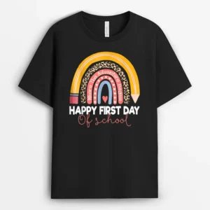 Happy First Day Of School Rainbow Leopard Teacher Student T-Shirt - Black