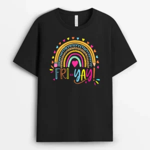 Happy Fri-Yay Friday Lovers Fun Teacher Gift Leopard Rainbow T-Shirt - Black