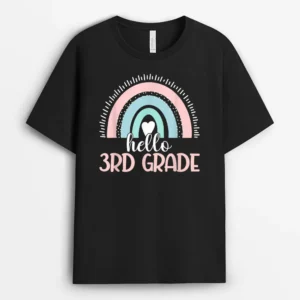 Hello 3rd Grade Teacher Student Back To School Boho Rainbow T-Shirt - Black