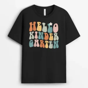 Hello Kindergarten Teacher Back To School Groovy Retro T-Shirt - Black