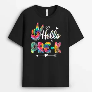 Hello Pre-K Tie Dye Leopard Graphic Back To School Teachers T-Shirt - Black