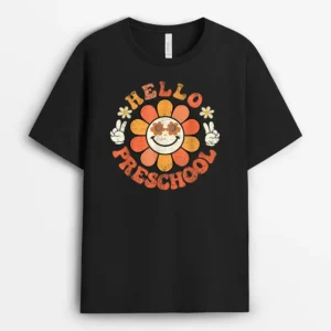 Hello PreSchool Groovy Retro Hippy Back To School Teacher T-Shirt - Black