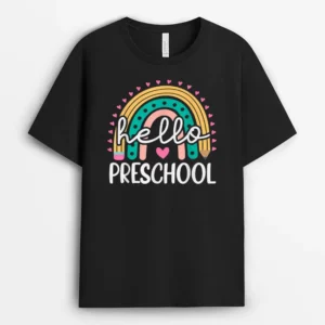 Hello Preschool Retro Rainbow Teacher Toddler Girls T-Shirt - Black
