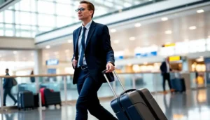 Business professional at the airport with a modern suitcase.