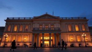 Grand museum entrance with visitors in elegant attire, symbolizing a blend of tradition and digital innovation.