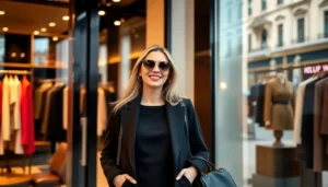 Fashionable woman smiling as she leaves a chic fashion boutique.