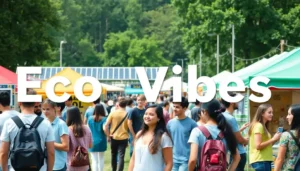 Teenagers enjoying a sustainable festival with solar panels and eco-booths.